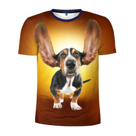 Мужская футболка 3D спортивная с принтом Бассетхаунд в Санкт-Петербурге, 100% полиэстер с улучшенными характеристиками | приталенный силуэт, круглая горловина, широкие плечи, сужается к линии бедра | бассетхаунд | ветер | музыка | наушники | собака | уши
