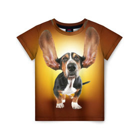 Детская футболка 3D с принтом Бассетхаунд в Санкт-Петербурге, 100% гипоаллергенный полиэфир | прямой крой, круглый вырез горловины, длина до линии бедер, чуть спущенное плечо, ткань немного тянется | бассетхаунд | ветер | музыка | наушники | собака | уши