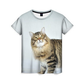 Женская футболка 3D с принтом Кот в Санкт-Петербурге, 100% полиэфир ( синтетическое хлопкоподобное полотно) | прямой крой, круглый вырез горловины, длина до линии бедер | домашняя | животное | кот | котэ | кошка
