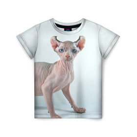Детская футболка 3D с принтом Сфинкс в Санкт-Петербурге, 100% гипоаллергенный полиэфир | прямой крой, круглый вырез горловины, длина до линии бедер, чуть спущенное плечо, ткань немного тянется | Тематика изображения на принте: домашняя | животное | кот | котэ | кошка | сфинкс