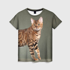 Женская футболка 3D с принтом Бенгальский кот в Санкт-Петербурге, 100% полиэфир ( синтетическое хлопкоподобное полотно) | прямой крой, круглый вырез горловины, длина до линии бедер | бенгальский | домашняя | животное | кот | котэ | кошка