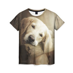Женская футболка 3D с принтом Золотистый ретривер в Санкт-Петербурге, 100% полиэфир ( синтетическое хлопкоподобное полотно) | прямой крой, круглый вырез горловины, длина до линии бедер | животное | золотистый ретривер | порода | собака