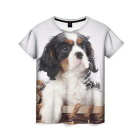 Женская футболка 3D с принтом Кинг чарльз спаниель в Санкт-Петербурге, 100% полиэфир ( синтетическое хлопкоподобное полотно) | прямой крой, круглый вырез горловины, длина до линии бедер | животное | кинг чарльз спаниель | порода | собака