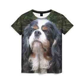 Женская футболка 3D с принтом Кинг чарльз спаниель в Санкт-Петербурге, 100% полиэфир ( синтетическое хлопкоподобное полотно) | прямой крой, круглый вырез горловины, длина до линии бедер | животное | кинг чарльз спаниель | порода | собака
