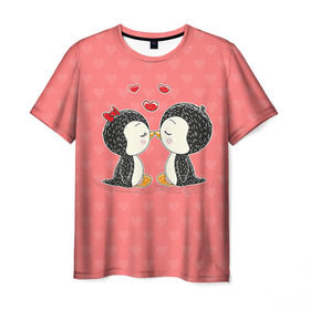 Мужская футболка 3D с принтом Влюбленные пингвины в Санкт-Петербурге, 100% полиэфир | прямой крой, круглый вырез горловины, длина до линии бедер | 14 февраля | love | love you | валентин | влюбленные | день святого валентина | лав | любовь | пингвины | подарок девушке | подарок парню