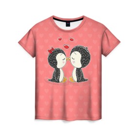 Женская футболка 3D с принтом Влюбленные пингвины в Санкт-Петербурге, 100% полиэфир ( синтетическое хлопкоподобное полотно) | прямой крой, круглый вырез горловины, длина до линии бедер | 14 февраля | love | love you | валентин | влюбленные | день святого валентина | лав | любовь | пингвины | подарок девушке | подарок парню