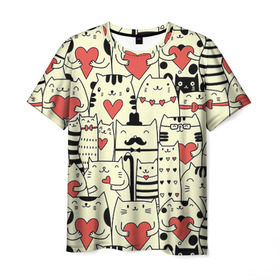 Мужская футболка 3D с принтом Любящие котики в Санкт-Петербурге, 100% полиэфир | прямой крой, круглый вырез горловины, длина до линии бедер | 14 февраля | cat | love | love you | валентин | влюбленные | день святого валентина | кот | котики | лав | любовь | подарок девушке | подарок парню
