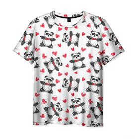 Мужская футболка 3D с принтом Панда и любовь в Санкт-Петербурге, 100% полиэфир | прямой крой, круглый вырез горловины, длина до линии бедер | 14 февраля | bears | love | love you | валентин | влюбленные | день святого валентина | лав | любовь | медведб | медведи | мишки | подарок девушке | подарок парню