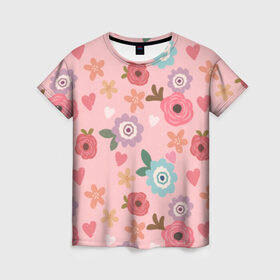 Женская футболка 3D с принтом Цветник в Санкт-Петербурге, 100% полиэфир ( синтетическое хлопкоподобное полотно) | прямой крой, круглый вырез горловины, длина до линии бедер | природа | ромашки | тульпаны | цветы