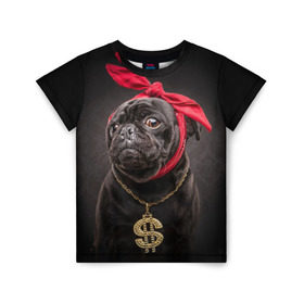 Детская футболка 3D с принтом Мопс в Санкт-Петербурге, 100% гипоаллергенный полиэфир | прямой крой, круглый вырез горловины, длина до линии бедер, чуть спущенное плечо, ткань немного тянется | доллар | животное | золото | мопс | порода | собака