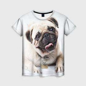 Женская футболка 3D с принтом Мопс в Санкт-Петербурге, 100% полиэфир ( синтетическое хлопкоподобное полотно) | прямой крой, круглый вырез горловины, длина до линии бедер | животное | мопс | порода | собака