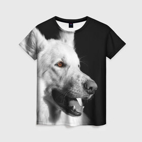 Женская футболка 3D с принтом Белая овчарка в Санкт-Петербурге, 100% полиэфир ( синтетическое хлопкоподобное полотно) | прямой крой, круглый вырез горловины, длина до линии бедер | белая овчарка | животное | порода | собака