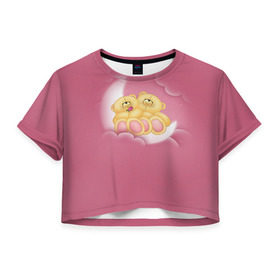 Женская футболка 3D укороченная с принтом Мишки в облаках в Санкт-Петербурге, 100% полиэстер | круглая горловина, длина футболки до линии талии, рукава с отворотами | 14 февраля | bears | teddy | валентин | день святого валентина | игрушки | медведи | милый | мимими | мишка | мишки | подарки | подарок | подарок девушке | подарок парню | тедди