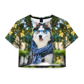 Женская футболка 3D укороченная с принтом Хаски в Санкт-Петербурге, 100% полиэстер | круглая горловина, длина футболки до линии талии, рукава с отворотами | животное | порода | собака | хаски