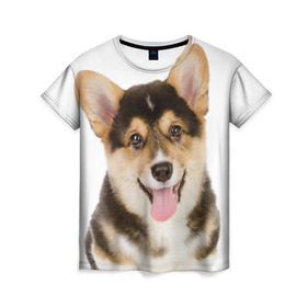 Женская футболка 3D с принтом Пемброк-вельш-корги в Санкт-Петербурге, 100% полиэфир ( синтетическое хлопкоподобное полотно) | прямой крой, круглый вырез горловины, длина до линии бедер | животное | пемброк вельш корги | порода | собака