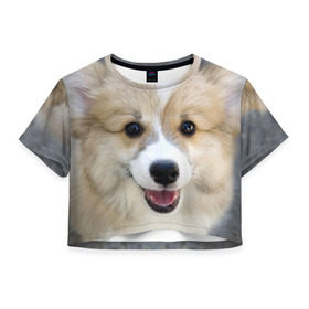 Женская футболка 3D укороченная с принтом Пемброк-вельш-корги, собака, п в Санкт-Петербурге, 100% полиэстер | круглая горловина, длина футболки до линии талии, рукава с отворотами | животное | пемброк вельш корги | порода | собака
