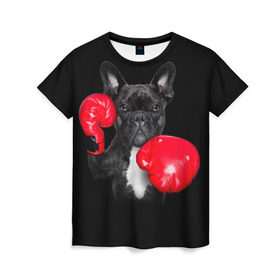 Женская футболка 3D с принтом Французский бульдог в Санкт-Петербурге, 100% полиэфир ( синтетическое хлопкоподобное полотно) | прямой крой, круглый вырез горловины, длина до линии бедер | бокс | перчатки | собака | французский бульдог