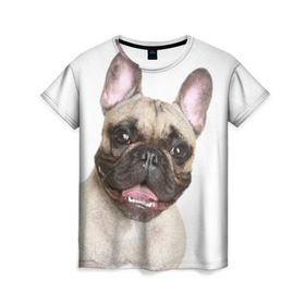 Женская футболка 3D с принтом Французский бульдог в Санкт-Петербурге, 100% полиэфир ( синтетическое хлопкоподобное полотно) | прямой крой, круглый вырез горловины, длина до линии бедер | животное | порода | собака | французский бульдог