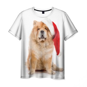 Мужская футболка 3D с принтом Чау-чау в Санкт-Петербурге, 100% полиэфир | прямой крой, круглый вырез горловины, длина до линии бедер | новый год | санта клаус | собака | чау чау