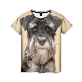Женская футболка 3D с принтом Цвергшнауцер в Санкт-Петербурге, 100% полиэфир ( синтетическое хлопкоподобное полотно) | прямой крой, круглый вырез горловины, длина до линии бедер | животное | порода | собака | цвергшнауцер