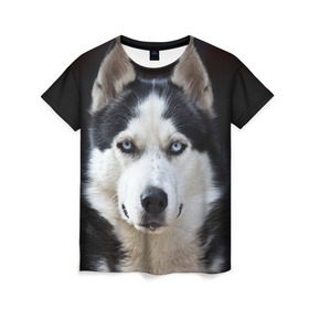 Женская футболка 3D с принтом Хаски в Санкт-Петербурге, 100% полиэфир ( синтетическое хлопкоподобное полотно) | прямой крой, круглый вырез горловины, длина до линии бедер | бандит | животное | порода | собака | хаски | хаски бандит