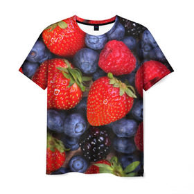 Мужская футболка 3D с принтом Berries в Санкт-Петербурге, 100% полиэфир | прямой крой, круглый вырез горловины, длина до линии бедер | Тематика изображения на принте: strawberry | vegan | vegetarian | веган | вегетарианство | земляника | йога | клубника | фитнес | черника | ягода