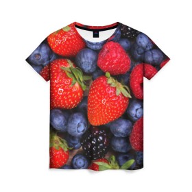 Женская футболка 3D с принтом Berries в Санкт-Петербурге, 100% полиэфир ( синтетическое хлопкоподобное полотно) | прямой крой, круглый вырез горловины, длина до линии бедер | strawberry | vegan | vegetarian | веган | вегетарианство | земляника | йога | клубника | фитнес | черника | ягода