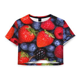 Женская футболка 3D укороченная с принтом Berries в Санкт-Петербурге, 100% полиэстер | круглая горловина, длина футболки до линии талии, рукава с отворотами | strawberry | vegan | vegetarian | веган | вегетарианство | земляника | йога | клубника | фитнес | черника | ягода