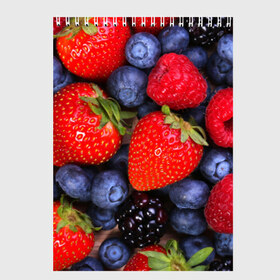 Скетчбук с принтом Berries в Санкт-Петербурге, 100% бумага
 | 48 листов, плотность листов — 100 г/м2, плотность картонной обложки — 250 г/м2. Листы скреплены сверху удобной пружинной спиралью | strawberry | vegan | vegetarian | веган | вегетарианство | земляника | йога | клубника | фитнес | черника | ягода