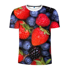 Мужская футболка 3D спортивная с принтом Berries в Санкт-Петербурге, 100% полиэстер с улучшенными характеристиками | приталенный силуэт, круглая горловина, широкие плечи, сужается к линии бедра | Тематика изображения на принте: strawberry | vegan | vegetarian | веган | вегетарианство | земляника | йога | клубника | фитнес | черника | ягода