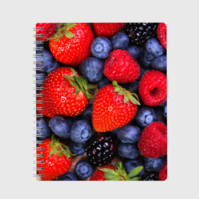 Тетрадь с принтом Berries в Санкт-Петербурге, 100% бумага | 48 листов, плотность листов — 60 г/м2, плотность картонной обложки — 250 г/м2. Листы скреплены сбоку удобной пружинной спиралью. Уголки страниц и обложки скругленные. Цвет линий — светло-серый
 | strawberry | vegan | vegetarian | веган | вегетарианство | земляника | йога | клубника | фитнес | черника | ягода