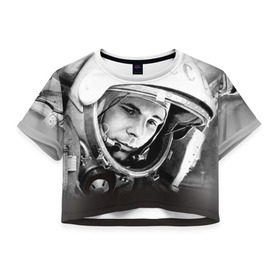 Женская футболка 3D укороченная с принтом Гагарин 1 в Санкт-Петербурге, 100% полиэстер | круглая горловина, длина футболки до линии талии, рукава с отворотами | гагарин | космос | космос наш | поехали | ретро | ссср | юрий гагарин