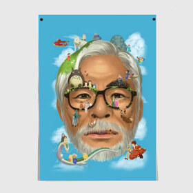 Постер с принтом Хаяо Миядзаки в Санкт-Петербурге, 100% бумага
 | бумага, плотность 150 мг. Матовая, но за счет высокого коэффициента гладкости имеет небольшой блеск и дает на свету блики, но в отличии от глянцевой бумаги не покрыта лаком | Тематика изображения на принте: hayao miyazaki | поньо | тоторо | унесенные