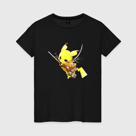 Женская футболка хлопок с принтом Attack on Titan - Pikachu в Санкт-Петербурге, 100% хлопок | прямой крой, круглый вырез горловины, длина до линии бедер, слегка спущенное плечо | 