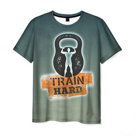 Мужская футболка 3D с принтом Train hard 2 в Санкт-Петербурге, 100% полиэфир | прямой крой, круглый вырез горловины, длина до линии бедер | bodybuilding | no pain no gain | train hard | бодибилдинг | качалка | пауэрлифинг | тренажерный | фитнес