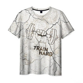 Мужская футболка 3D с принтом Train hard 5 в Санкт-Петербурге, 100% полиэфир | прямой крой, круглый вырез горловины, длина до линии бедер | bodybuilding | no pain no gain | train hard | бодибилдинг | качалка | пауэрлифинг | тренажерный | фитнес
