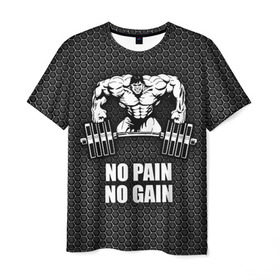 Мужская футболка 3D с принтом No pain no gain 2 в Санкт-Петербурге, 100% полиэфир | прямой крой, круглый вырез горловины, длина до линии бедер | bodybuilding | no pain no gain | train hard | бодибилдинг | качалка | пауэрлифинг | тренажерный | фитнес