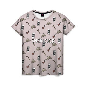 Женская футболка 3D с принтом Sherlock в Санкт-Петербурге, 100% полиэфир ( синтетическое хлопкоподобное полотно) | прямой крой, круглый вырез горловины, длина до линии бедер | holmes | sherlock | холмс | шерлок