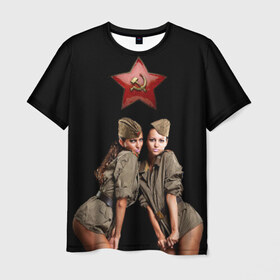 Мужская футболка 3D с принтом Девушки в форме в Санкт-Петербурге, 100% полиэфир | прямой крой, круглый вырез горловины, длина до линии бедер | армия | военная форма | девушки | россия | рэтро | ссср
