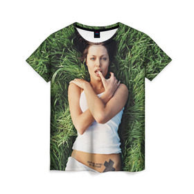 Женская футболка 3D с принтом Джоли Анджелина в Санкт-Петербурге, 100% полиэфир ( синтетическое хлопкоподобное полотно) | прямой крой, круглый вырез горловины, длина до линии бедер | анджелина | девушка | джоли | лежит | тату