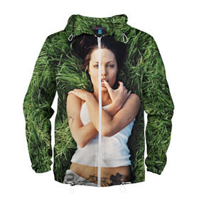 Мужская ветровка 3D с принтом Джоли Анджелина в Санкт-Петербурге, 100% полиэстер | подол и капюшон оформлены резинкой с фиксаторами, два кармана без застежек по бокам, один потайной карман на груди | анджелина | девушка | джоли | лежит | тату