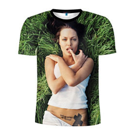 Мужская футболка 3D спортивная с принтом Джоли Анджелина в Санкт-Петербурге, 100% полиэстер с улучшенными характеристиками | приталенный силуэт, круглая горловина, широкие плечи, сужается к линии бедра | анджелина | девушка | джоли | лежит | тату