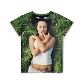Детская футболка 3D с принтом Джоли Анджелина в Санкт-Петербурге, 100% гипоаллергенный полиэфир | прямой крой, круглый вырез горловины, длина до линии бедер, чуть спущенное плечо, ткань немного тянется | Тематика изображения на принте: анджелина | девушка | джоли | лежит | тату
