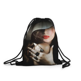 Рюкзак-мешок 3D с принтом Загадочная девушка в Санкт-Петербурге, 100% полиэстер | плотность ткани — 200 г/м2, размер — 35 х 45 см; лямки — толстые шнурки, застежка на шнуровке, без карманов и подкладки | губы | девушка | загадочная | перстни | шляпа