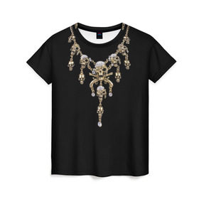 Женская футболка 3D с принтом Золотые черепа в Санкт-Петербурге, 100% полиэфир ( синтетическое хлопкоподобное полотно) | прямой крой, круглый вырез горловины, длина до линии бедер | 13 | бриллианты | драгоценность | золото | золотые черепа | оружие | пираты | пистолеты | тринадцать | украшение | цепь