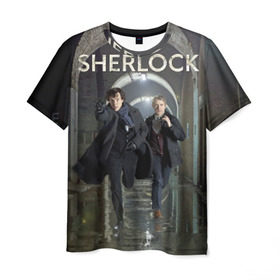 Мужская футболка 3D с принтом Sherlock в Санкт-Петербурге, 100% полиэфир | прямой крой, круглый вырез горловины, длина до линии бедер | benedict | cumberbatch | freeman | holmes | martin | sherlock | бенедикт | ватсон | доктор | камбербэтч | мартин | фриман | холмс | шерлок