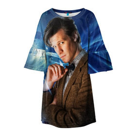 Детское платье 3D с принтом 11th Doctor Who в Санкт-Петербурге, 100% полиэстер | прямой силуэт, чуть расширенный к низу. Круглая горловина, на рукавах — воланы | Тематика изображения на принте: doctor who | matt | smith | tardis | временной поток | доктор кто | мэтт | смит | тардис