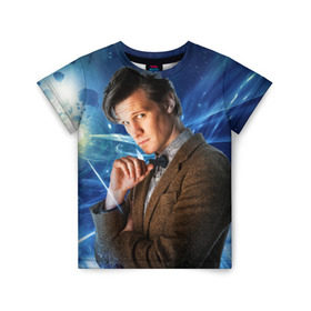 Детская футболка 3D с принтом 11th Doctor Who в Санкт-Петербурге, 100% гипоаллергенный полиэфир | прямой крой, круглый вырез горловины, длина до линии бедер, чуть спущенное плечо, ткань немного тянется | Тематика изображения на принте: doctor who | matt | smith | tardis | временной поток | доктор кто | мэтт | смит | тардис