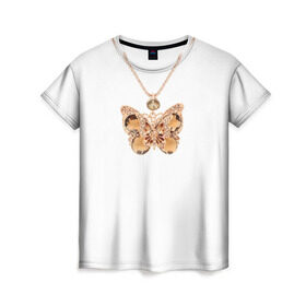 Женская футболка 3D с принтом Золотая бабочка в Санкт-Петербурге, 100% полиэфир ( синтетическое хлопкоподобное полотно) | прямой крой, круглый вырез горловины, длина до линии бедер | бабочка