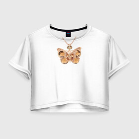 Женская футболка 3D укороченная с принтом Золотая бабочка в Санкт-Петербурге, 100% полиэстер | круглая горловина, длина футболки до линии талии, рукава с отворотами | бабочка